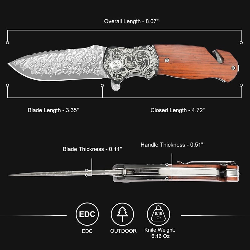 Zingbee Pocket Knife with Glass Breaker, EDC Damascus Folding Knife with Seatbelt Cutter, 3.35" VG10 Damascus Steel Blade Multitool Pocket Knives with Wood Handle - Image 5